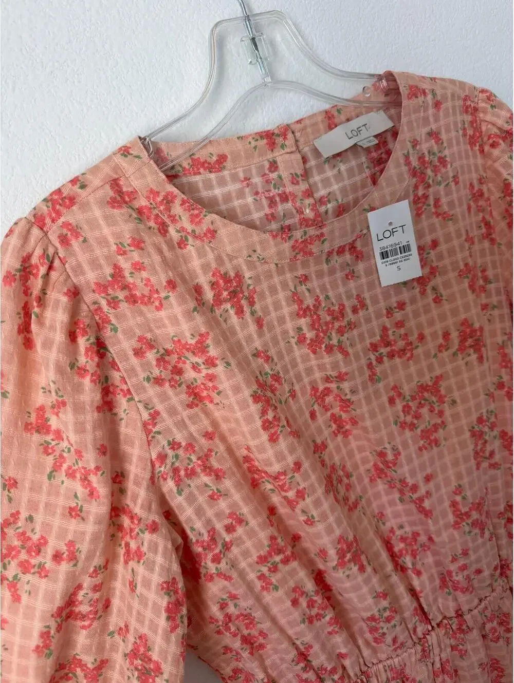 LOFT NWT 3/4 Sleeve Round Neck Plaid Floral Ruffled Mini Dress Women's Size S - Picture 5 of 8